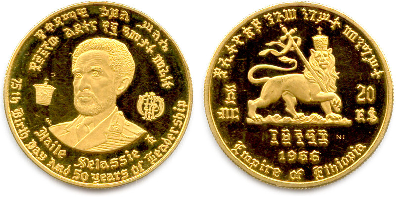 ÉTHIOPIE 1966-
20 Dollars or 1966. Haile Selassie. (8,09 g) ♦ Fr 33 
Flan brun...