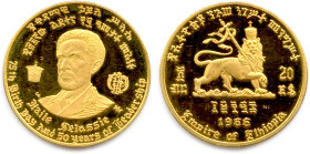 ÉTHIOPIE 1966-
20 Dollars or 1966. Haile Selassie. (8,09 g) ♦ Fr 33 
Flan bruni. Trace de manipulation. Superbe. 

Estimate: EUR 300 - 350