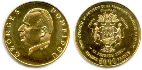 GABON 1960-
5000 Francs or 1971. Visite du Président Pompidou. (17,53 g) ♦ Fr 10
Flan bruni. Trace de manipulation. Superbe. 

Estimate: EUR 600 -...