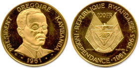 RWANDA 1961-1965
100 Francs or 1961. Grégoire Kayibanda. (29,97 g) ♦ Fr 1 
Flan bruni. Trace de manipulation. Superbe. 

Estimate: EUR 1000 - 1200...