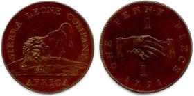 SIERRA LÉONE Colonie britannique 1787-1971
Penny en bronze 1791. Soho (Birmingham). (16,88 g) ♦ KM 2.1
Patine marron. Tranche lisse, refrappe. Super...