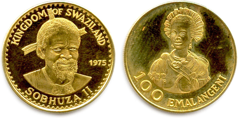 SWAZILAND 1975-
100 Emal Angeni or 1975. Sobhuza II. 75e anniversaire. (8,64 g)...