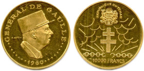 TCHAD 1960-
10.000 Francs or 1960. Général de Gaulle. (35,26 g) ♦ Fr 2
Flan bruni. Trace de manipulation. Superbe. 

Estimate: EUR 1400 - 1600