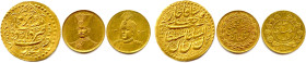 QAJAR DYNASTIE Iran 
Trois monnaies d'or : 
Toman de Fat h-Ali Shah Qajar (1797-1834) ; Toman de Naser al-Din Shah Qajar (1848-1896) ; 
Toman de Ah...