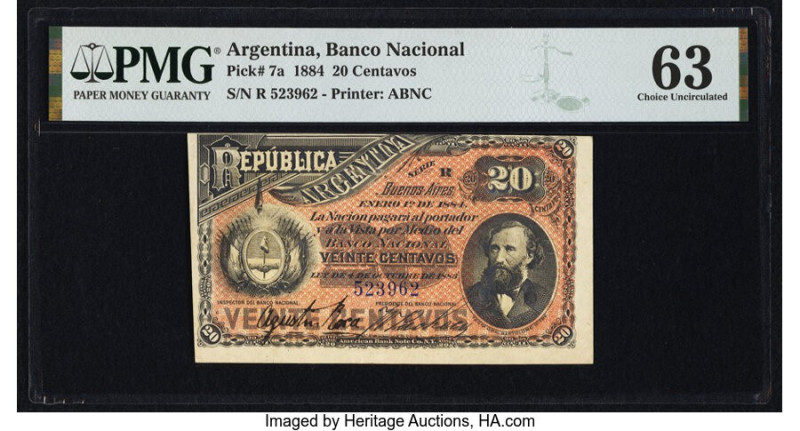 Argentina Banco Nacional 20 Centavos 4.10.1884 Pick 7a PMG Choice Uncirculated 6...