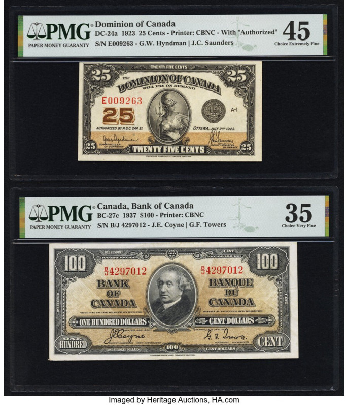 Canada Bank of Canada; Dominion of Canada $100; 25 Cents 2.1.1937; 2.7.1923 BC-2...