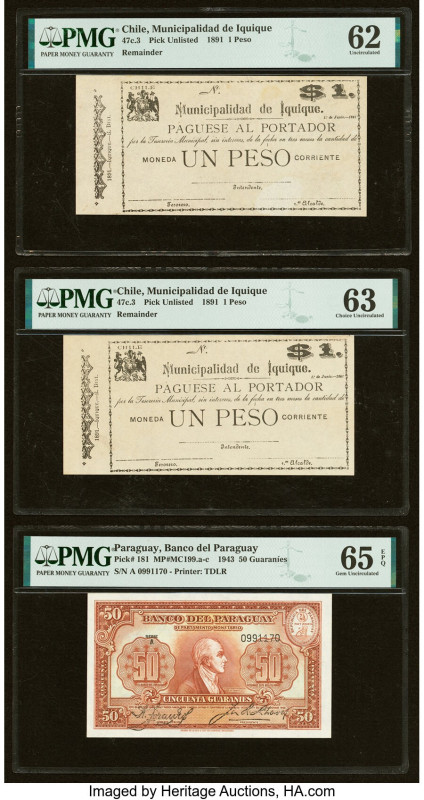 Chile Municipalidad 1 Peso 1.6.1891 Pick UNL Two Examples PMG Uncirulated 62; Ch...