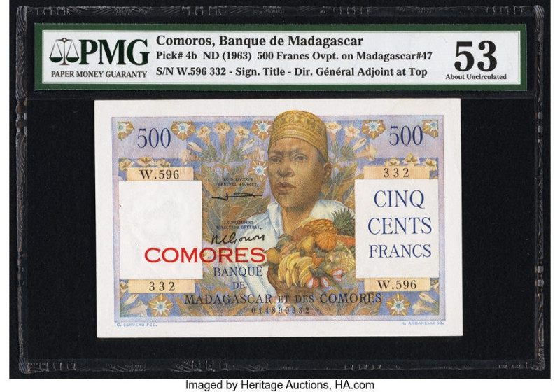 Comoros Banque de Madagascar et des Comores 500 Francs ND (1963) Pick 4b PMG Abo...
