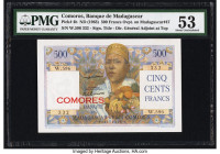 Comoros Banque de Madagascar et des Comores 500 Francs ND (1963) Pick 4b PMG About Uncirculated 53. Staple holes are noted on this example. 

HID09801...