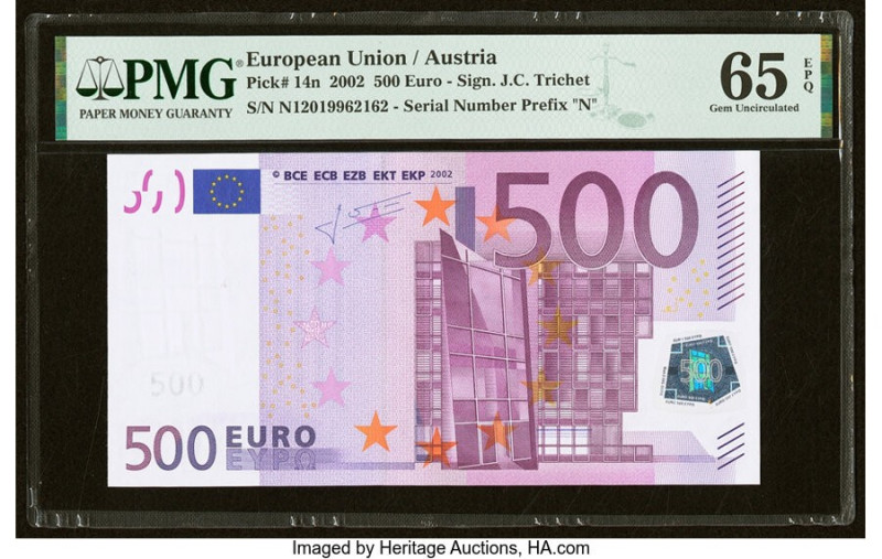 European Union Central Bank, Austria 500 Euro 2002 Pick 14n PMG Gem Uncirculated...