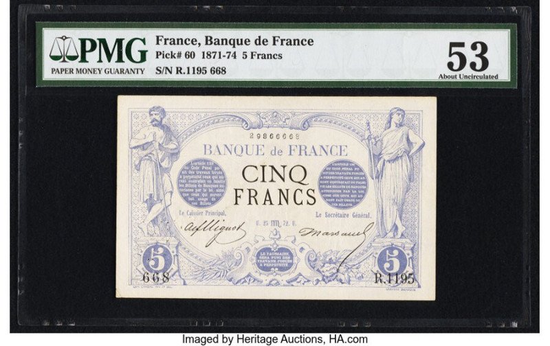 France Banque de France 5 Francs 1871-74 Pick 60 PMG About Uncirculated 53. Pinh...