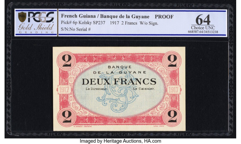 French Guiana Banque de la Guyane 2 Francs 1917 Pick 6p Proof PCGS Gold Shield C...