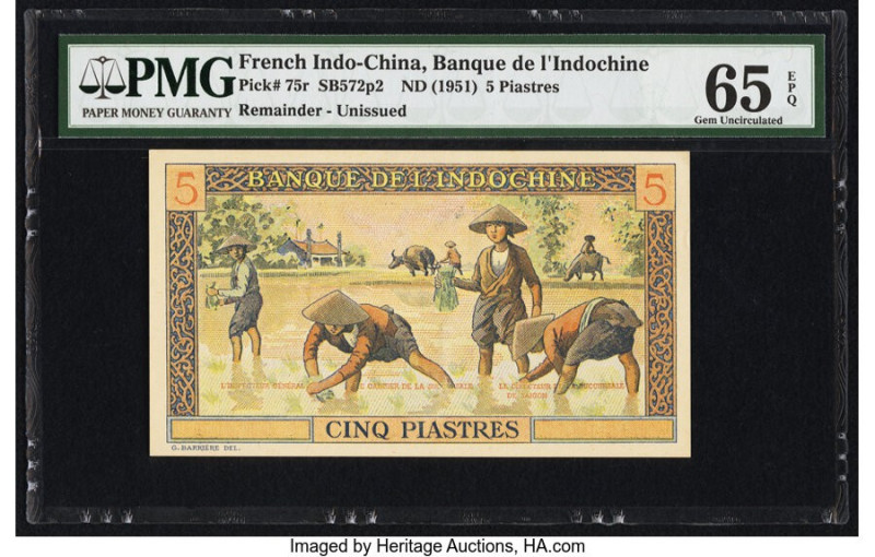 French Indochina Banque de l'Indo-Chine 5 Piastres ND (1951) Pick 75r Remainder ...