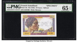 French Somaliland Banque de l'Indochine, Djibouti 10 Francs ND (1946) Pick 19s Specimen PMG Gem Uncirculated 65 EPQ. A Specimen perforation is noted o...