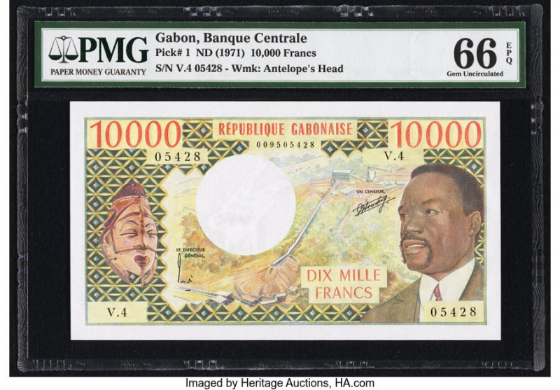 Gabon Banque Centrale 10,000 Francs ND (1971) Pick 1 PMG Gem Uncirculated 66 EPQ...