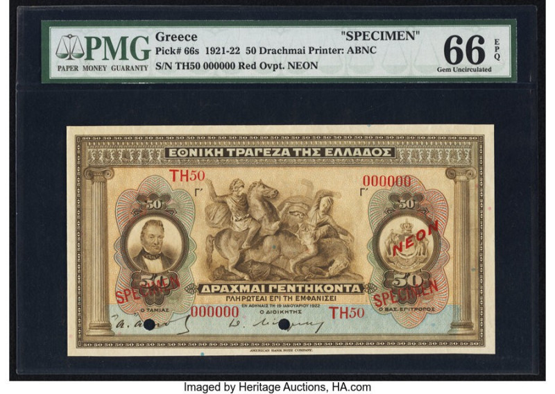 Greece National Bank of Greece 50 Drachmai 1922 Pick 66s Specimen PMG Gem Uncirc...