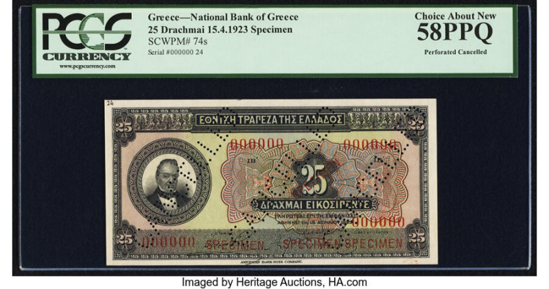 Greece National Bank of Greece 25 Drachmai 15.4.1923 Pick 74s Specimen PCGS Choi...