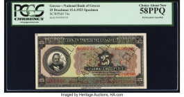 Greece National Bank of Greece 25 Drachmai 15.4.1923 Pick 74s Specimen PCGS Choice About New 58PPQ. Perforated cancellations are noted. 

HID098012420...