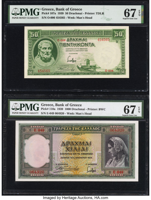 Greece Bank of Greece 50; 1000 Drachmai 1939 Pick 107a; 110a Two Examples PMG Su...