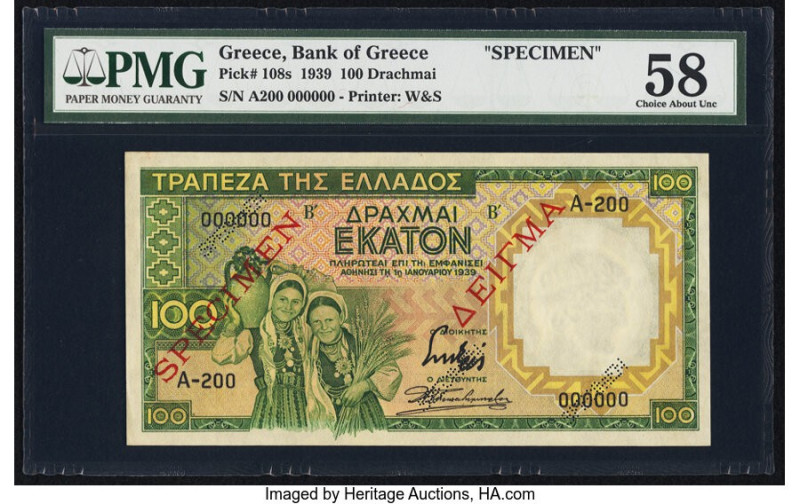 Greece Bank of Greece 100 Drachmai 1939 Pick 108s Specimen PMG Choice About Unc ...