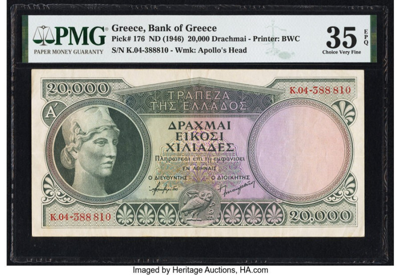 Greece Bank of Greece 20,000 Drachmai ND (1946) Pick 176 PMG Choice Very Fine 35...