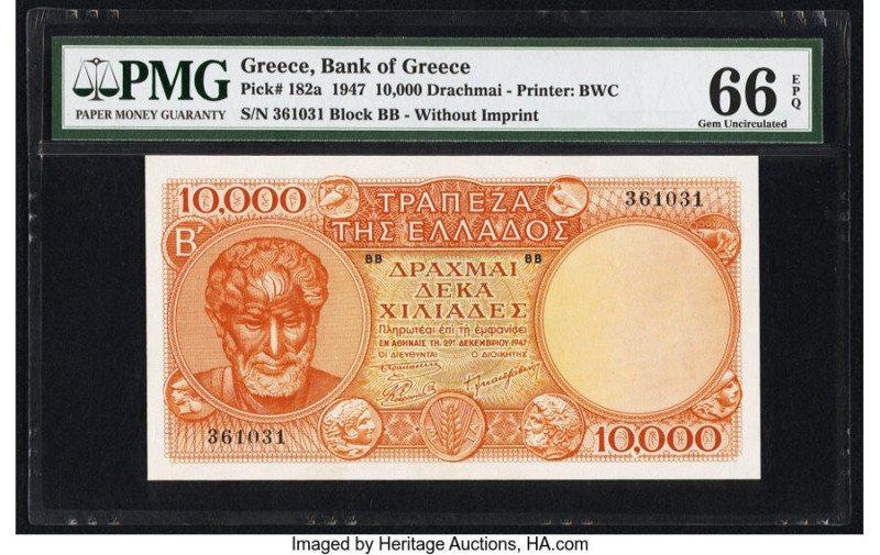 Greece Bank of Greece 10,000 Drachmai 1947 Pick 182a PMG Gem Uncirculated 66 EPQ...