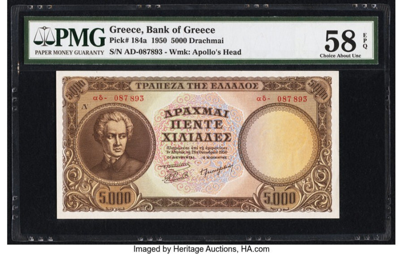 Greece Bank of Greece 5000 Drachmai 1950 Pick 184a PMG Choice About Unc 58 EPQ. ...