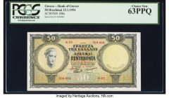 Greece Bank of Greece 50 Drachmai 15.1.1954 Pick 188a PCGS Choice New 63PPQ. 

HID09801242017

© 2022 Heritage Auctions | All Rights Reserved
