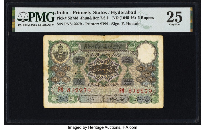 India Princely States, Hyderabad 5 Rupees ND (1945-46) Pick S273d Jhunjhunwalla-...
