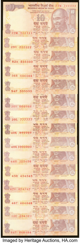 India Fancy Serial Number Lot of 15 Examples About Uncirculated-Crisp Uncirculat...