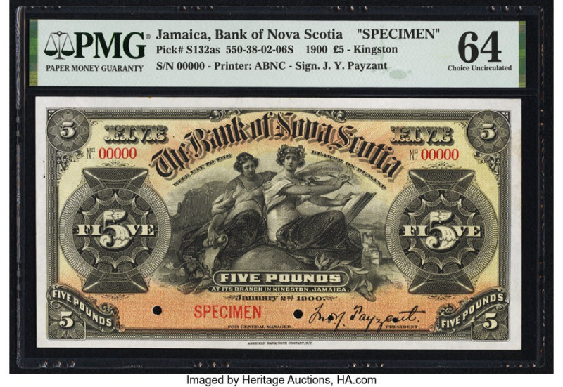 Jamaica Bank of Nova Scotia 5 Pounds 2.1.1900 Pick S132as Specimen PMG Choice Un...