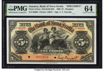 Jamaica Bank of Nova Scotia 5 Pounds 2.1.1900 Pick S132as Specimen PMG Choice Uncirculated 64. Two POCs and pinholes are noted on this example. 

HID0...