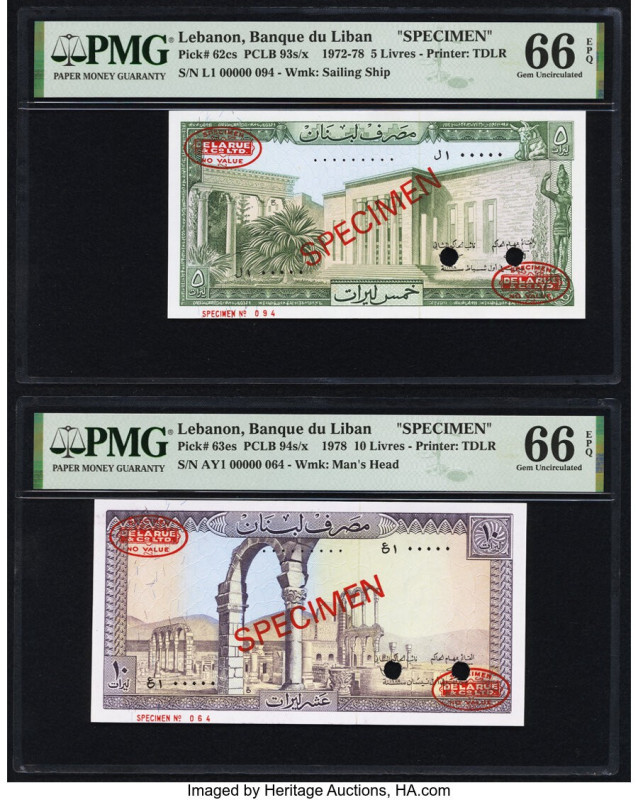 Lebanon Banque du Liban 5; 10 Livres 1972-78 Pick 62cs; 63es Two Specimen PMG Ge...