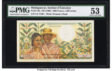 Madagascar Institut d'Emission Malgache 1000 Francs = 200 Ariary ND (1966) Pick 59a PMG About Uncirculated 53. Foreign substance noted. 

HID098012420...