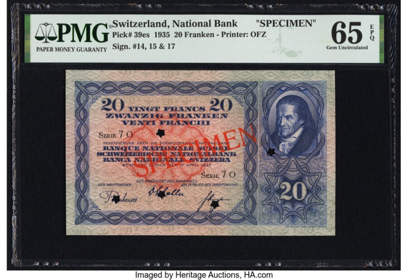 Switzerland National Bank 20 Franken 11.4.1935 Pick 39es Specimen PMG Gem Uncirc...