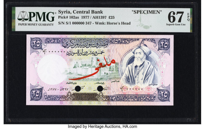 Syria Central Bank of Syria 25 Pounds 1977 / AH1397 Pick 102as Specimen PMG Supe...