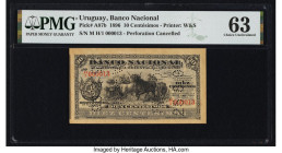Low Serial Number 13 Uruguay Banco Nacional 10 Centecimos 23.6.1896 Pick A87b PMG Choice Uncirculated 63. Previous mounting and perforations noted. 

...