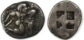 Griechische Münzen, THRACIA. THASOS (?). Obol (?) gegen 500 v. Chr. Vs.: Satyr n. r. Rs.: Viergeteiltes Quadratum incusum. Silber. 0,79 g. Sehr schön ...
