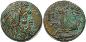 Griechische Münzen, BOSPORUS. Pantikapaion. Perisad I, 345-310 v. Chr. Tetrahalk 330-315 v. Chr. Vs.: Kopf Pan (Satyr) rechts. Rs.: ПАN, Vorderteil de...