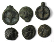 Griechische Münzen, Lots und Samlungen. THRAKIEN - DONAUGEBIET. Istros. Rad. Bronze 420-400 v. Chr. Lot von 6 Münzen. Sehr schön