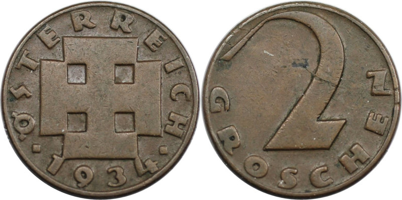 RDR – Habsburg – Österreich, REPUBLIK ÖSTERREICH. 2 Groschen 1934. Bronze. KM 28...