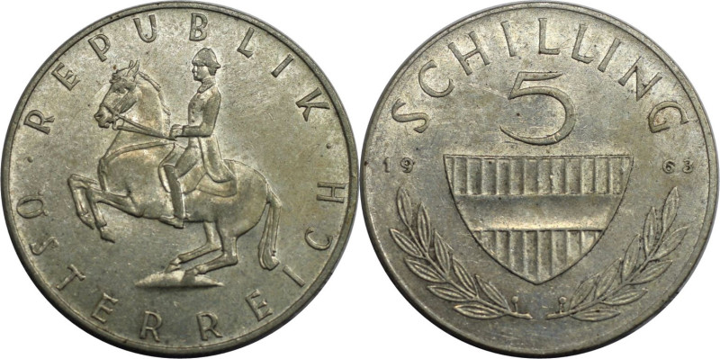 RDR – Habsburg – Österreich, REPUBLIK ÖSTERREICH. 5 Schilling 1963. Silber. KM 2...