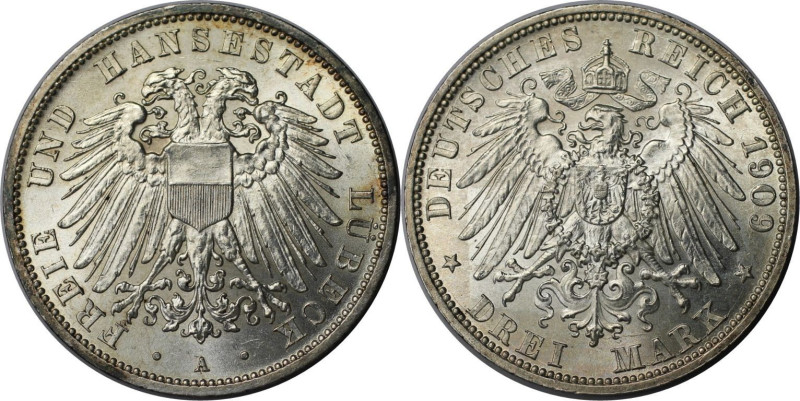 Deutsche Münzen und Medaillen ab 1871, REICHSSILBERMÜNZEN, Lübeck. 3 Mark 1909 A...