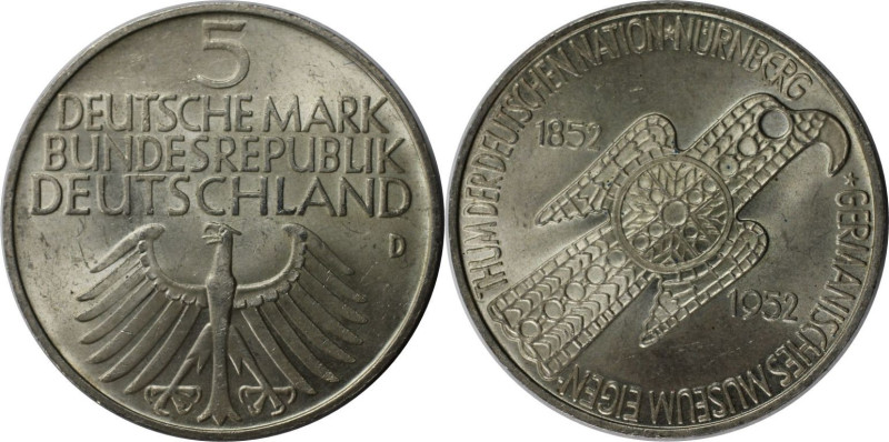 Deutsche Münzen und Medaillen ab 1945, BUNDESREPUBLIK DEUTSCHLAND. 5 Mark 1952 D...