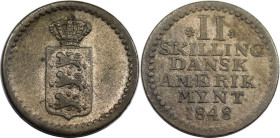 Europäische Münzen und Medaillen, Dänemark / Denmark. Dänisch-Westindien. Frederik VII. (1848-1863). 2 Skilling 1848. KM 19. Vorzüglich+. Selten!