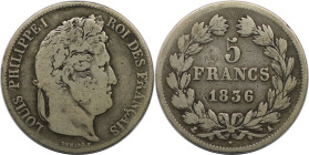 Europäische Münzen und Medaillen, Frankreich / France. Louis Philippe I. (1830-1848). 5 Francs 1836 A. Silber. KM 749.1. Schön+