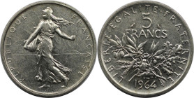 Europäische Münzen und Medaillen, Frankreich / France. 5 Francs 1964. 12,0 g. 0.835 Silber. 0.32 OZ. KM 926. Stempelglanz