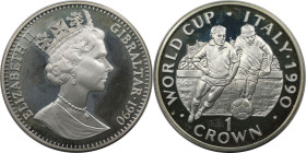 Europäische Münzen und Medaillen, Gibraltar. Weltcup-Fußball. 1 Crown 1990. 28,28 g. 0.925 Silber. 0.84 OZ. KM 37a. Polierte Platte.