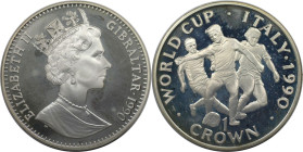 Europäische Münzen und Medaillen, Gibraltar. Weltcup-Fußball. 1 Crown 1990. 28,28 g. 0.925 Silber. 0.84 OZ. KM 38a. Polierte Platte