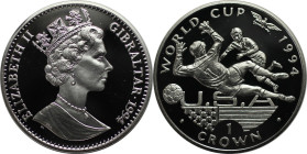 Europäische Münzen und Medaillen, Gibraltar. Fußball Weltmeisterschaft. 1 Crown 1994. 28,28 g. 0.925 Silber. 0.84 OZ. KM 229a. Polierte Platte